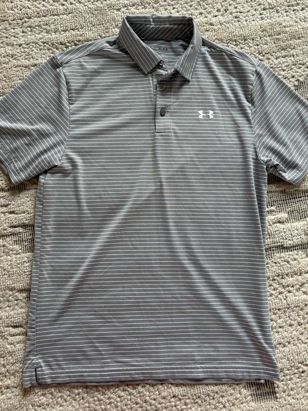 Under Armour Gray and White Striped Men’s Polo, Size Medium